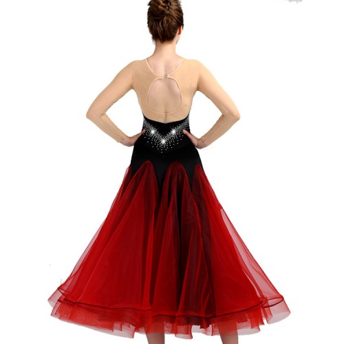 Adult children ballroom dancing dresses black with wine girls stage performance waltz tango competition professional dancing dresses